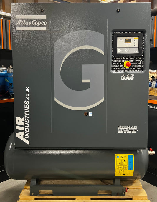 Atlas Copco GA5 Receiver Mounted Rotary Screw Compressor (5.5Kw, 31.7Cfm)